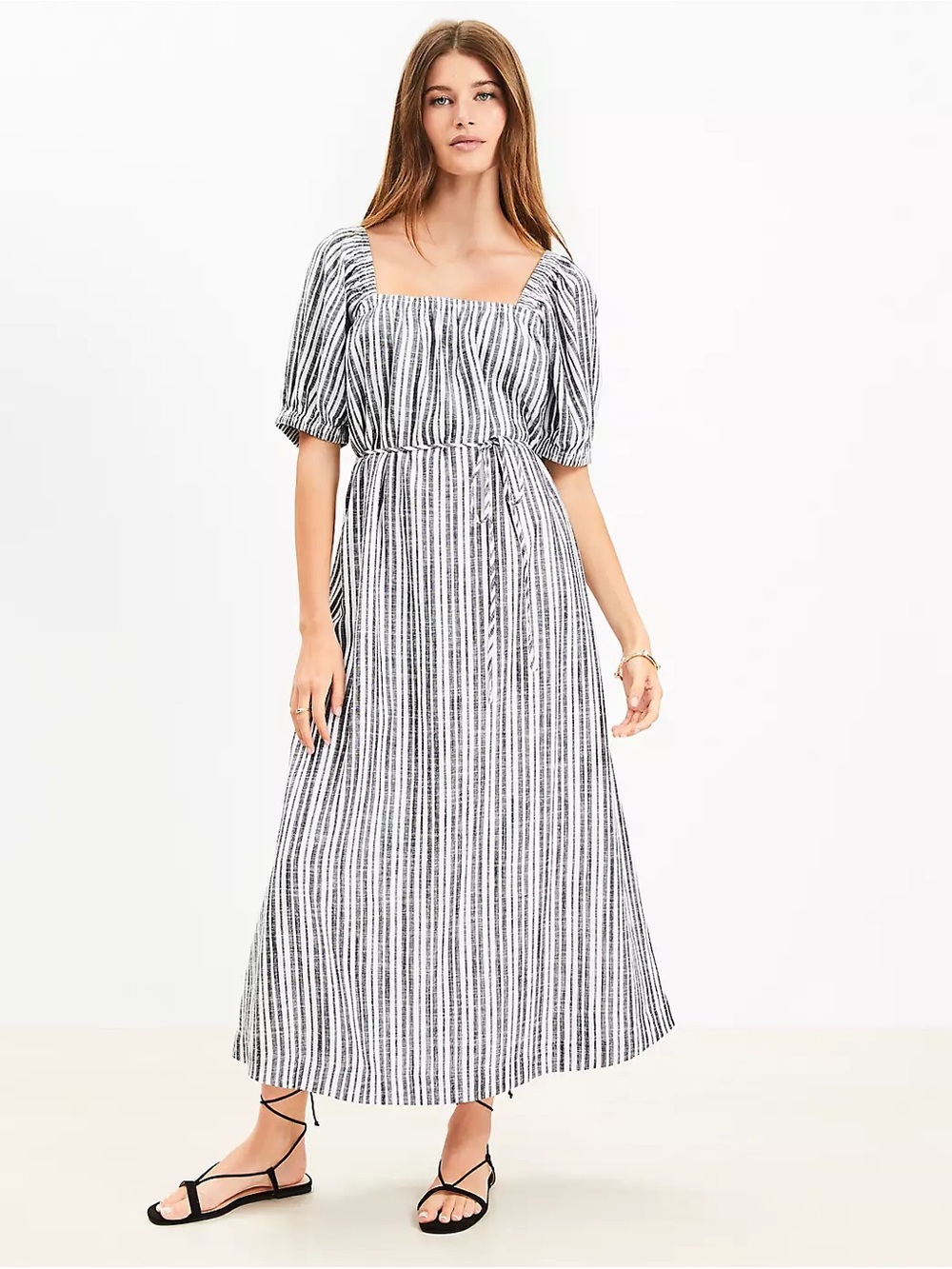 LOFT Black White Striped Linen Blend Square-Neck Maxi Dress Lined Sm Petite NWT
